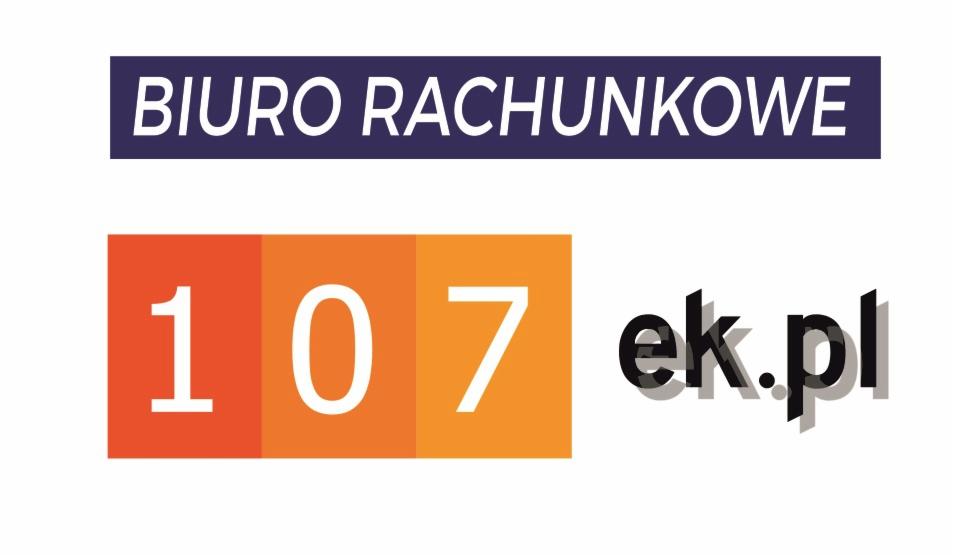 Grafika z napisem 'BIURO RACHUNKOWE' w ciemnoniebieskim prostokącie nad pomarańczowymi kwadratami z numerem '107' i dopiskiem 'ek.pl' z czarnym cieniem, na białym tle.