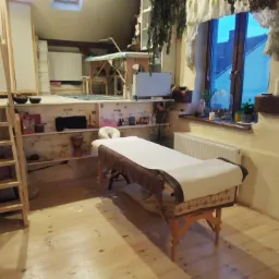 Pokój na poddaszu z drewnianą podłogą, schodami i dwoma stołami do masażu, jeden z białym pokrowcem i brązowym obramowaniem, drugi na podwyższeniu, a także półki z dekoracjami i oknem z widokiem...
