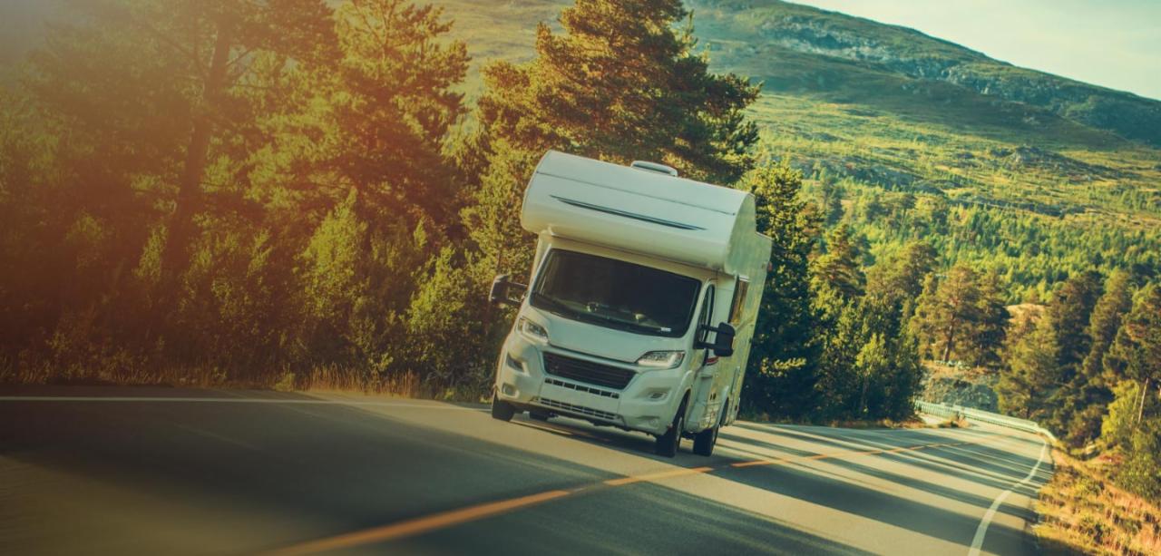 Biały kamper w trasie, malownicza górska droga otoczona lasem w słoneczny dzień, widok z perspektywy kierowcy.