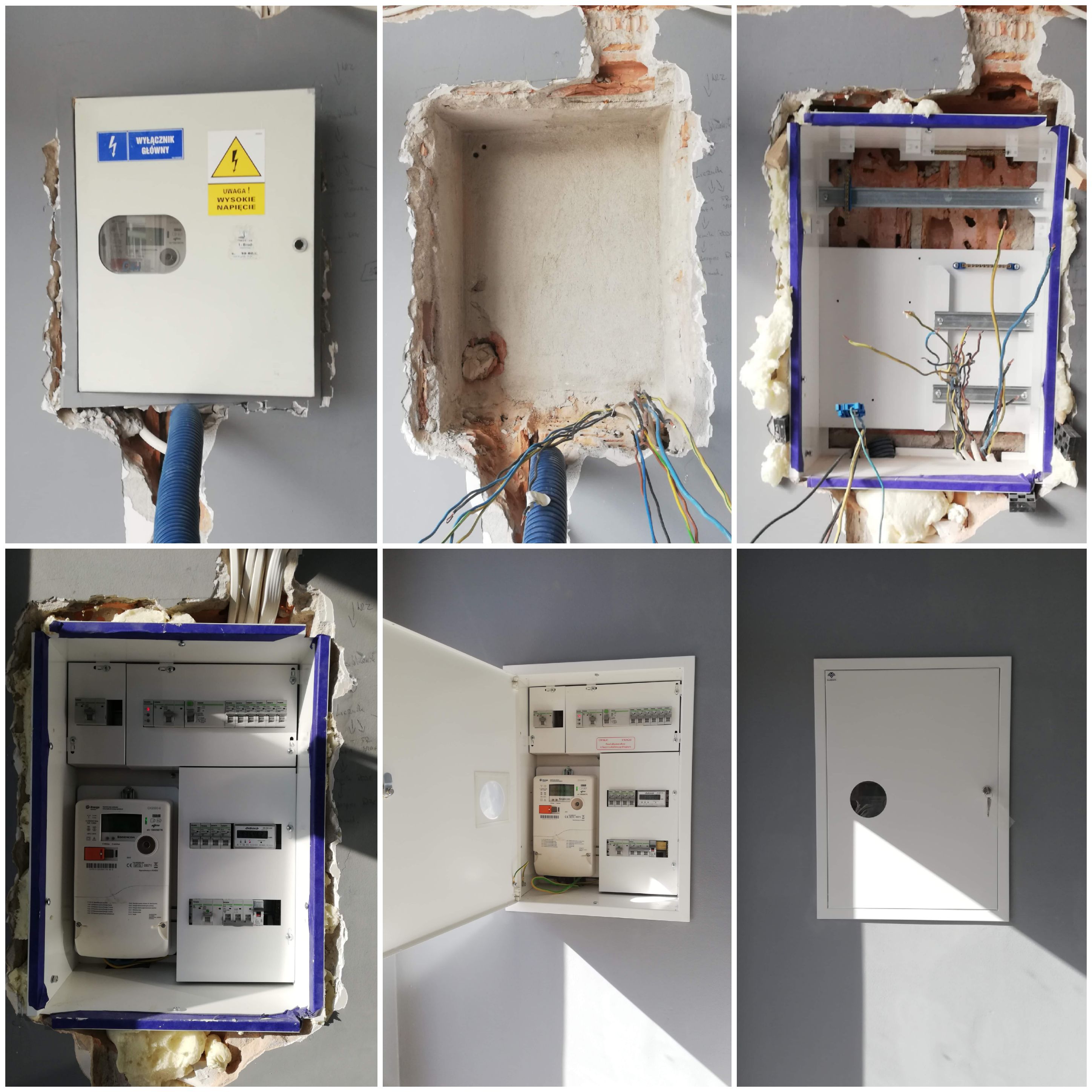 Sześć kadrów przedstawiających etapy montażu skrzynki elektrycznej w ścianie: od pustego otworu, przez prowadzenie kabli, montaż ramy i pianki montażowej, aż po zamontowaną skrzynkę z licznikiem...