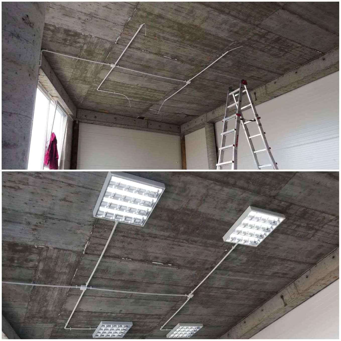 Surowy strop w Gdańsku z widocznymi przewodami elektrycznymi w białych rurkach i zamontowanymi lampami rastrowymi, drabina aluminiowa w tle.