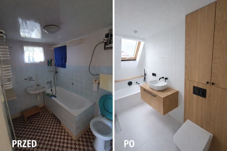 Zdjęcie łazienki przed i po remoncie. Po lewej stara, zaniedbana łazienka z niebieskimi płytkami. Po prawej nowoczesna, jasna łazienka z drewnianymi elementami i białymi płytkami.