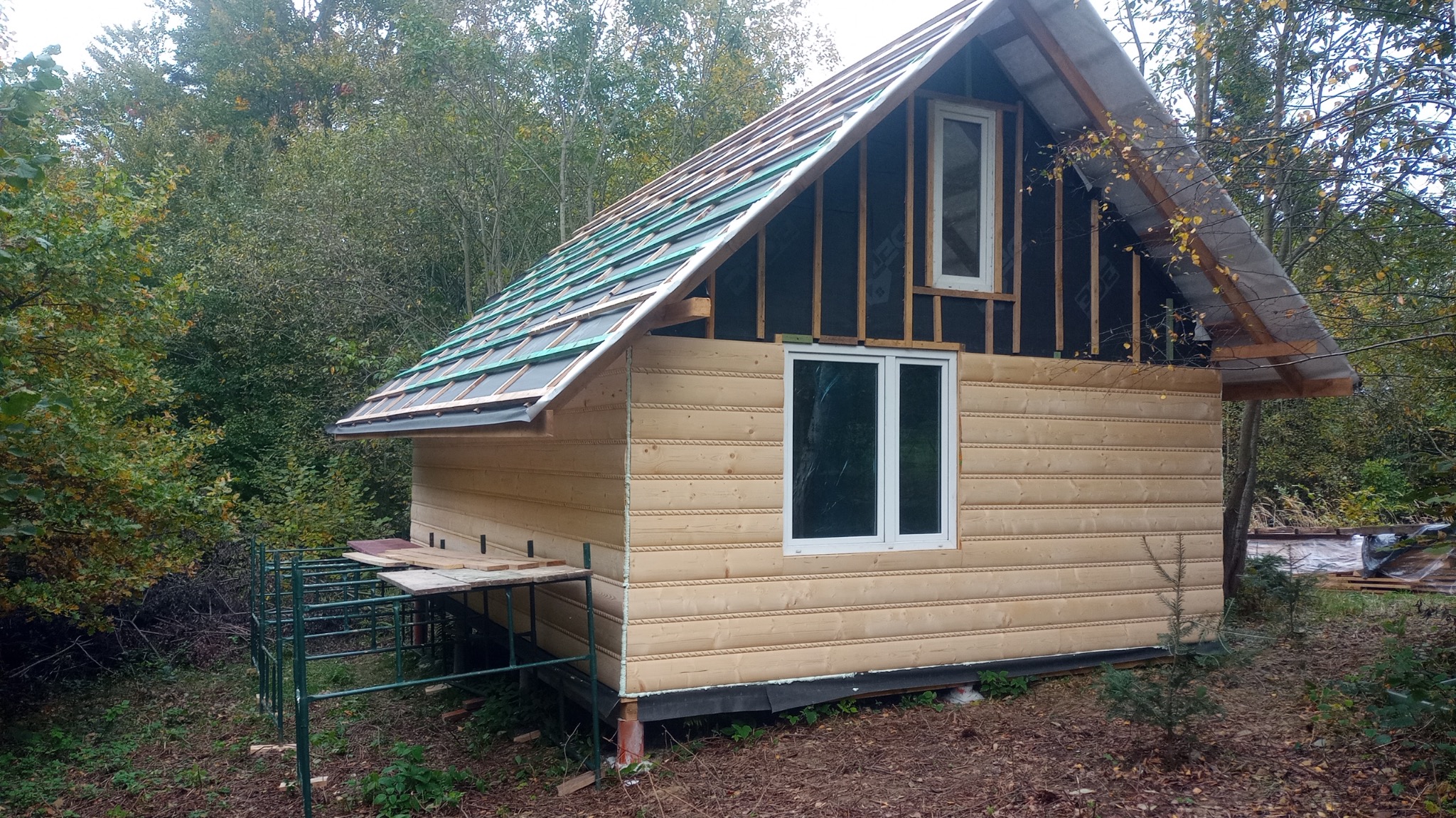 Niedokończony drewniany dom w lesie z widoczną konstrukcją dachu i oknami, elewacja z jasnego drewna, rusztowanie z boku.