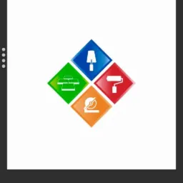 Logo firmy remontowej z ikonami: kielnia, paca, wałek malarski i piła tarczowa, umieszczonymi w kolorowych rombach.