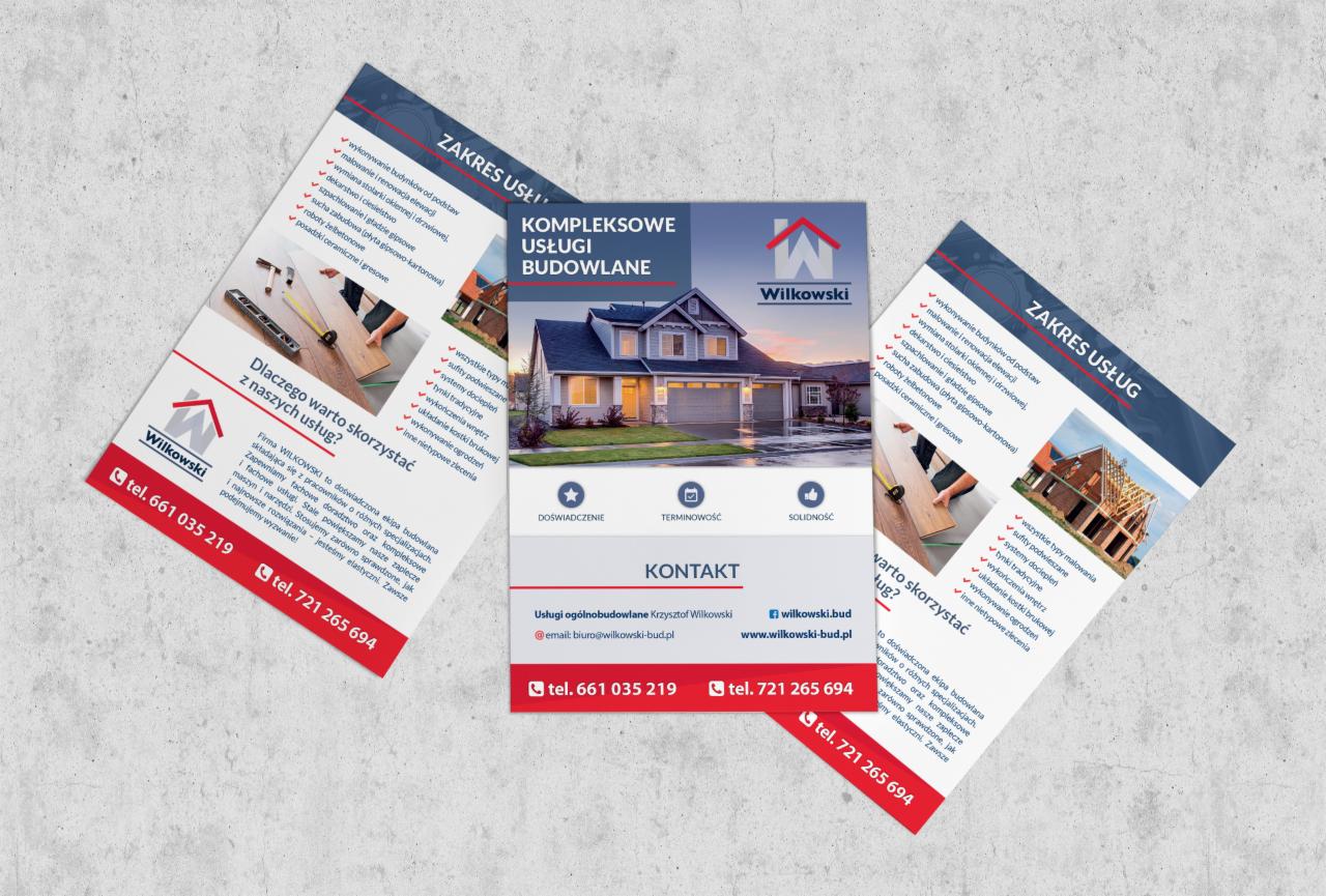 Trzy ulotki reklamowe firmy budowlanej Wilkowski, prezentujące zakres usług, logo i dane kontaktowe na teksturowanym tle.