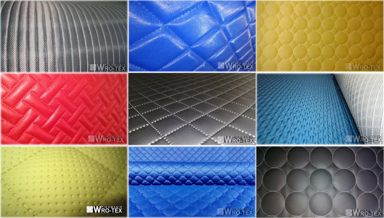 Kolekcja pikowanych materiałów w różnych kolorach i wzorach: romby, koła, linie, w odcieniach szarości, niebieskiego, czerwieni i żółci, prezentowanych w formie zbliżeń.