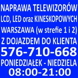 Niebieskie tło z białym tekstem informującym o serwisie odbiorników LCD, LED i kineskopowych w Warszawie, z dojazdem do klienta, numerem telefonu i godzinami pracy od poniedziałku do niedzieli.