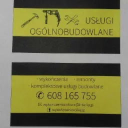 Dwie czarno-żółte wizytówki firmy oferującej usługi ogólnobudowlane, wykończenia i remonty, z numerem telefonu i adresem e-mail.