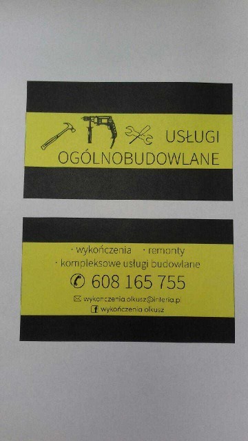 Dwie czarno-żółte wizytówki firmy oferującej usługi ogólnobudowlane, wykończenia i remonty, z numerem telefonu i adresem e-mail.