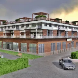 Wizualizacja architektoniczna trzypiętrowego budynku z drewnianą elewacją na parterze, balkonami i zielonymi tarasami na dachu, z zaparkowanym srebrnym samochodem i elementami zagospodarowania terenu.