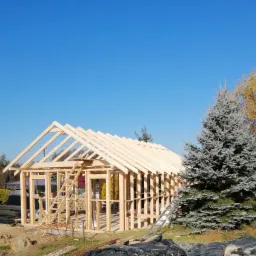 Drewniana konstrukcja domu w trakcie budowy, widoczne krokwie dachowe, ściany szkieletowe, drabina oparta o ścianę, błękitne niebo w tle.