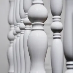 Szereg białych, toczonych tralek z drewna, tworzących balustradę, sfotografowanych z bliska, z ostrością na środkową tralkę.