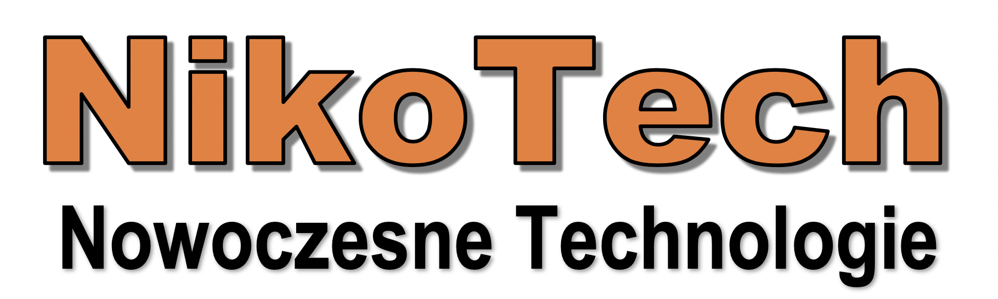 Logo firmy NikoTech z pomarańczowym napisem i czarnymi obrysami, pod spodem czarny napis Nowoczesne Technologie.