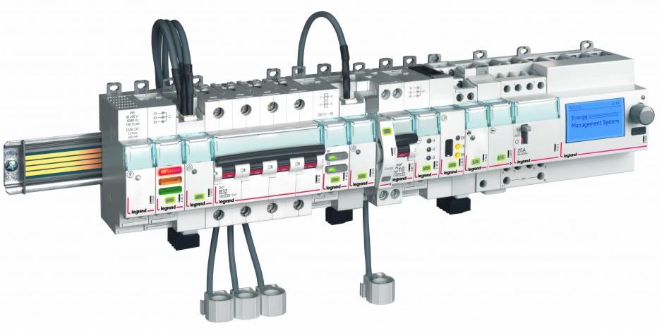 Szczegółowe ujęcie rozdzielnicy elektrycznej Legrand z wyświetlaczem Energy Management System, widoczne bezpieczniki, kable i elementy montażowe.