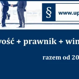 Grafika reklamowa oferująca usługi księgowe, prawne i windykacyjne, prezentująca uścisk dłoni dwóch mężczyzn w garniturach na tle jasnego biura i logo firmy z adresem strony internetowej.