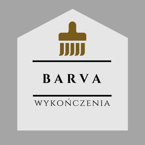 Logo firmy 'Barva Wykończenia' przedstawiające pędzel w kolorze khaki na tle domu.