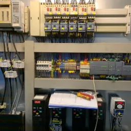 Tablica rozdzielcza z licznymi przewodami, bezpiecznikami, sterownikami PLC Siemens, falownikami Danfoss VLT 2800 i dokumentacją techniczną na obudowie.