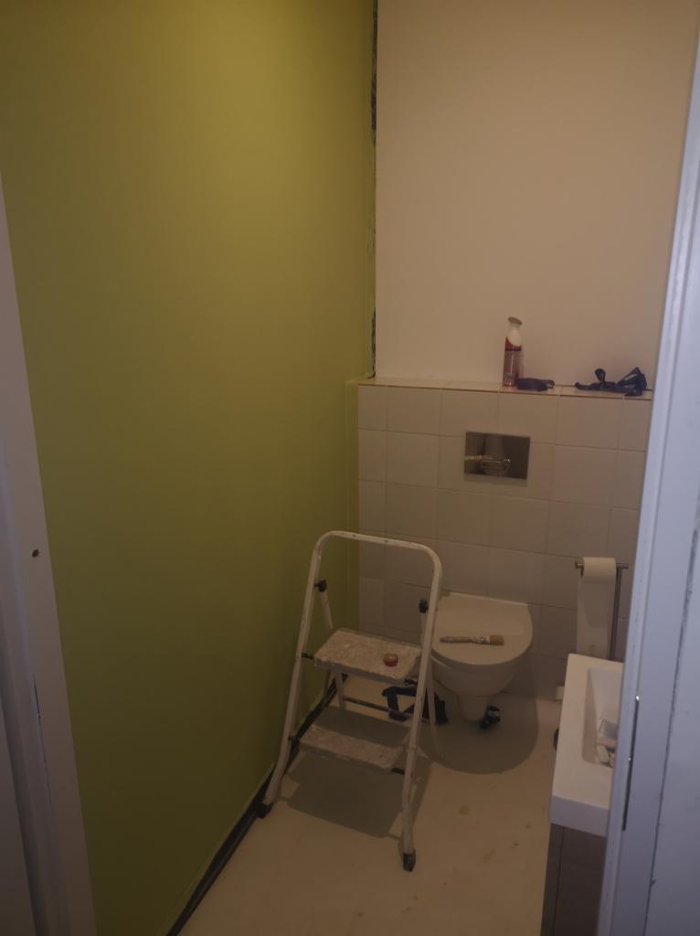 Świeżo pomalowana na zielono ściana w łazience, widoczna drabina malarska, fragment toalety i umywalki podczas remontu.