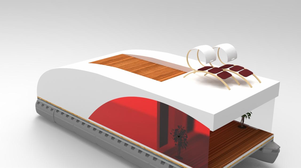 Wizualizacja architektoniczna nowoczesnego domu na wodzie z drewnianym tarasem, przeszkloną ścianą i leżakami na dachu.