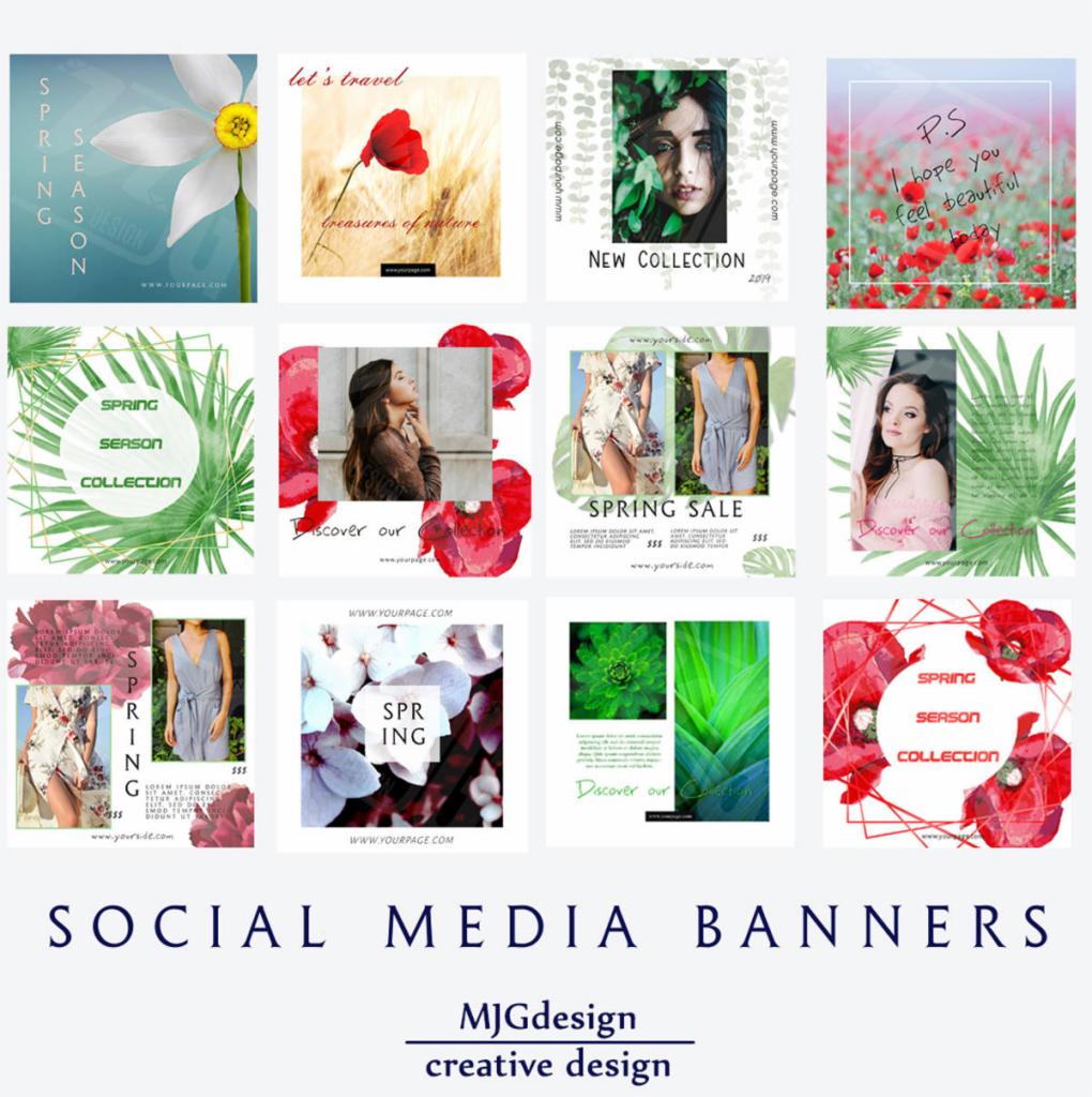 Zestaw dwunastu projektów banerów reklamowych na media społecznościowe o tematyce wiosennej, wykorzystujących motywy kwiatowe, kobiece portrety i teksty promocyjne, w różnych stylach graficznych.
