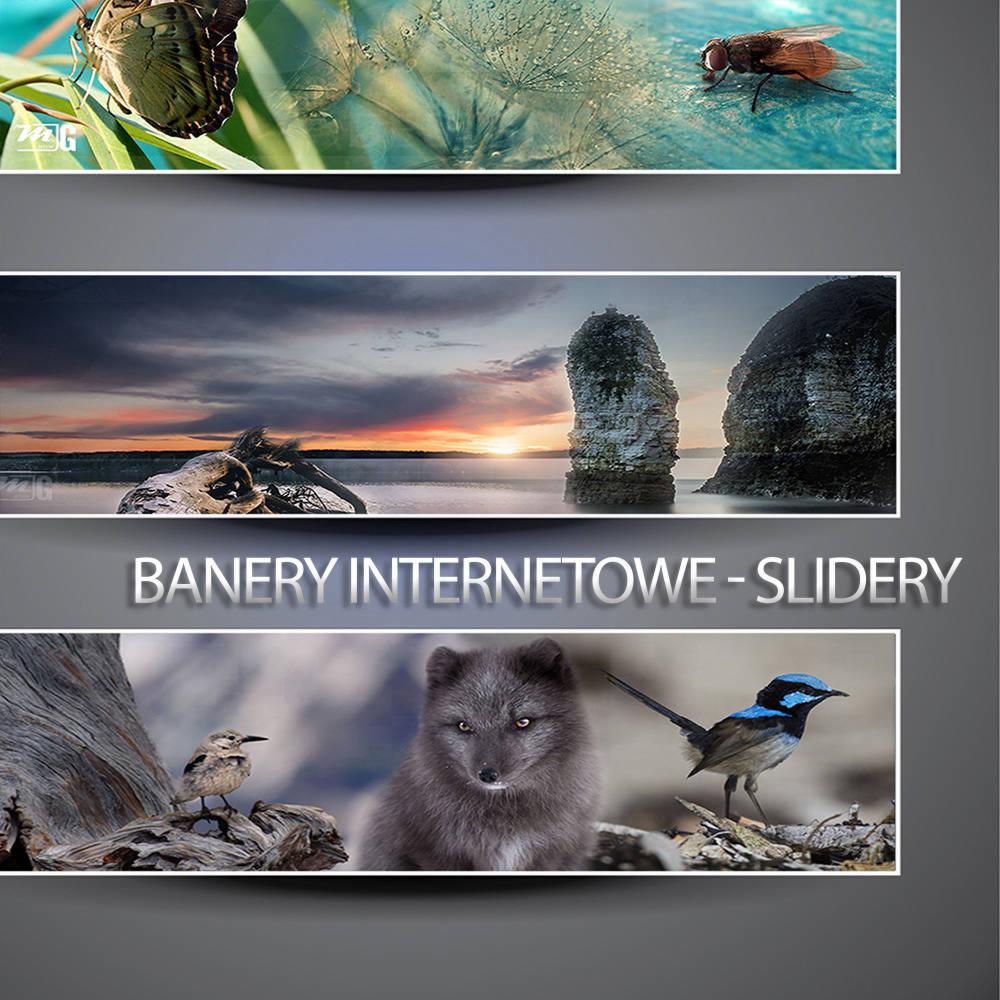 Kompozycja trzech banerów internetowych: motyl i mucha na liściu, krajobraz morski o zachodzie słońca z formacjami skalnymi, lis polarny i ptak na gałęzi.