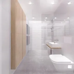 Minimalistyczna łazienka w bieli i drewnie: podwieszana toaleta, prostokątna umywalka na drewnianym blacie, kabina prysznicowa za szklaną ścianką, wysoka szafka z drewnianymi frontami.