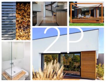 Kolaż zdjęć przedstawiający elementy domu: drewniane żaluzje, stos drewna kominkowego, wnętrze kuchni z drewnianymi szafkami i spiralnymi schodami, drewniany taras z pergolą i białym żaglem...