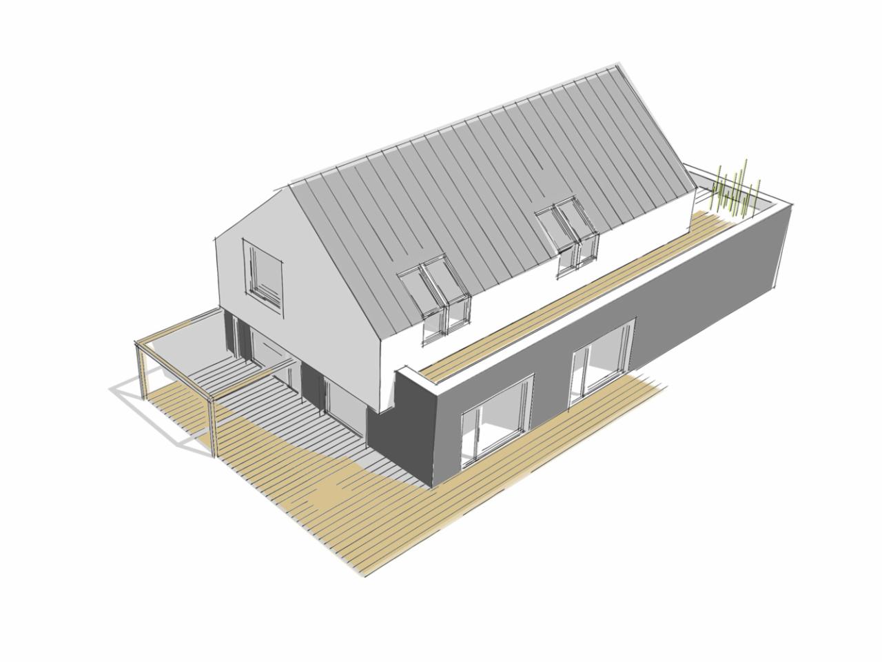 Szkic koncepcyjny dwukondygnacyjnego domu z szarym dachem, zadaszonym tarasem i roślinami na dachu, widok z góry.