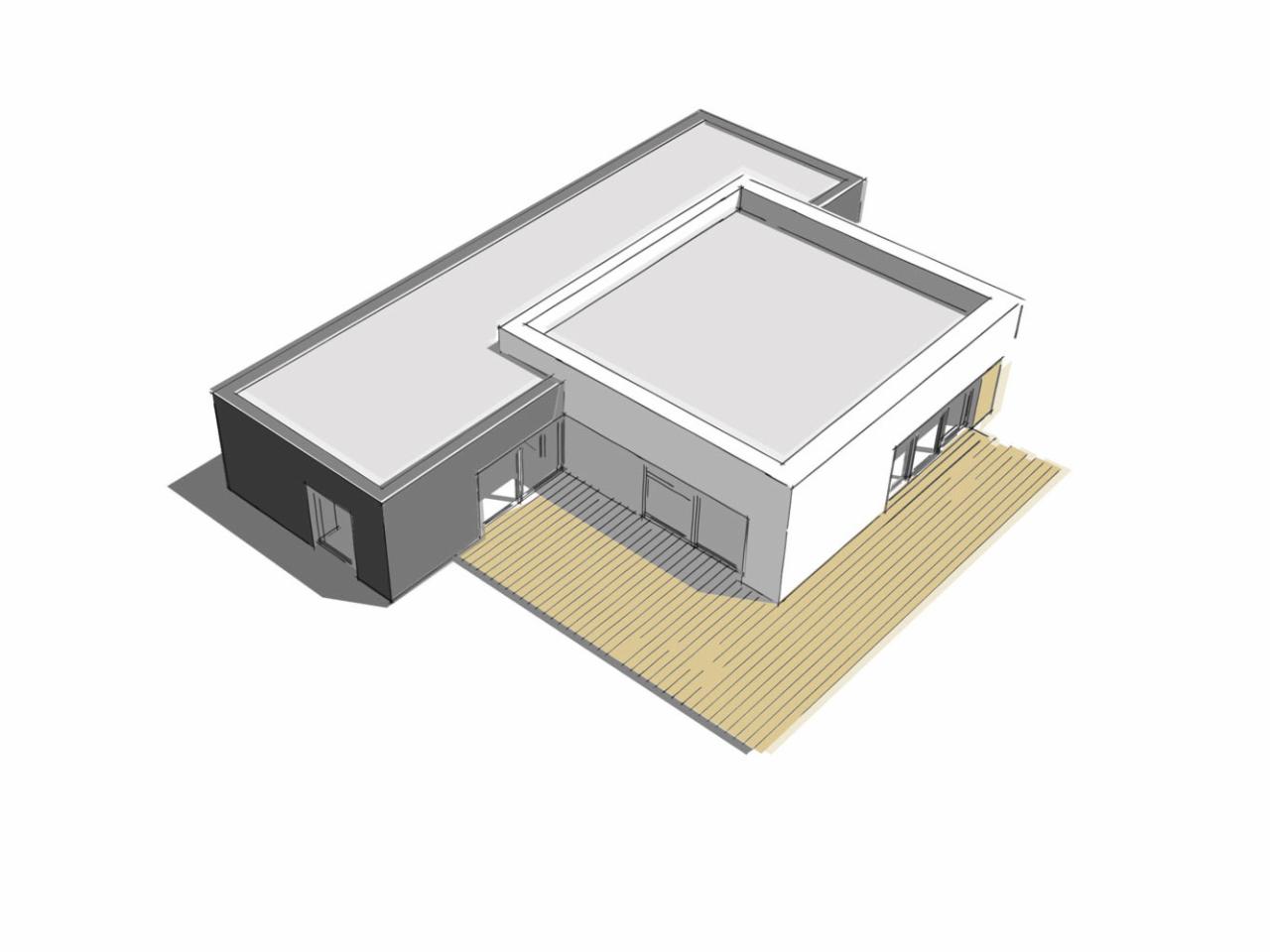Wizualizacja 3D nowoczesnego domu z płaskim dachem, widok z góry, z drewnianym tarasem i dużymi przeszkleniami.