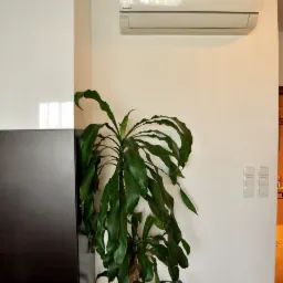 Biały klimatyzator Panasonic zamontowany na ścianie nad zieloną rośliną doniczkową w nowoczesnym wnętrzu z czarno-białą ścianą działową i potrójnym włącznikiem światła.