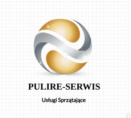 Logo firmy Pulire-Serwis z abstrakcyjnym, kulistym symbolem w kolorach złota i srebra, oferującej usługi sprzątające.