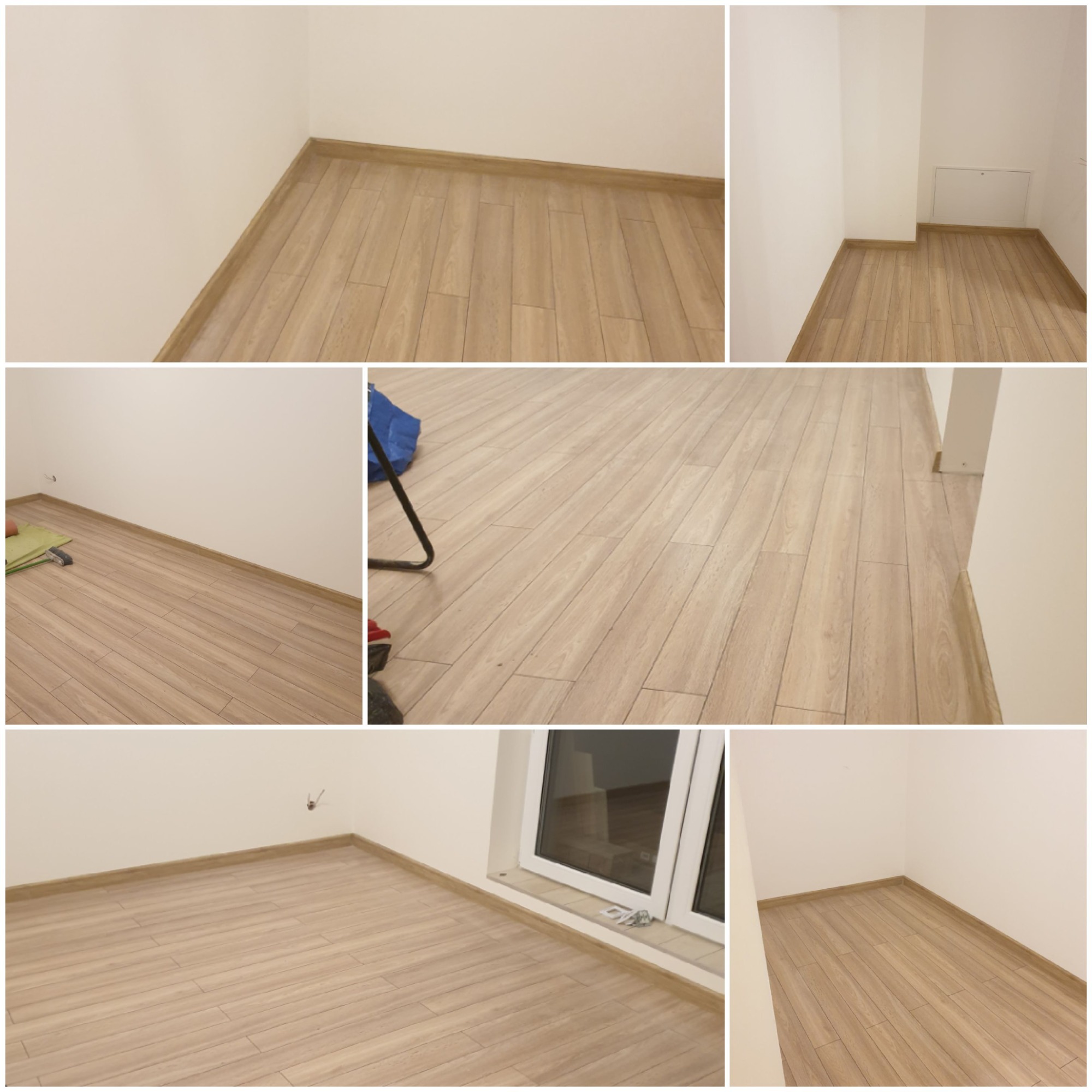 Ułożona podłoga z paneli w jasnym odcieniu drewna, widoczne listwy przypodłogowe i fragmenty ścian w różnych ujęciach pomieszczenia.