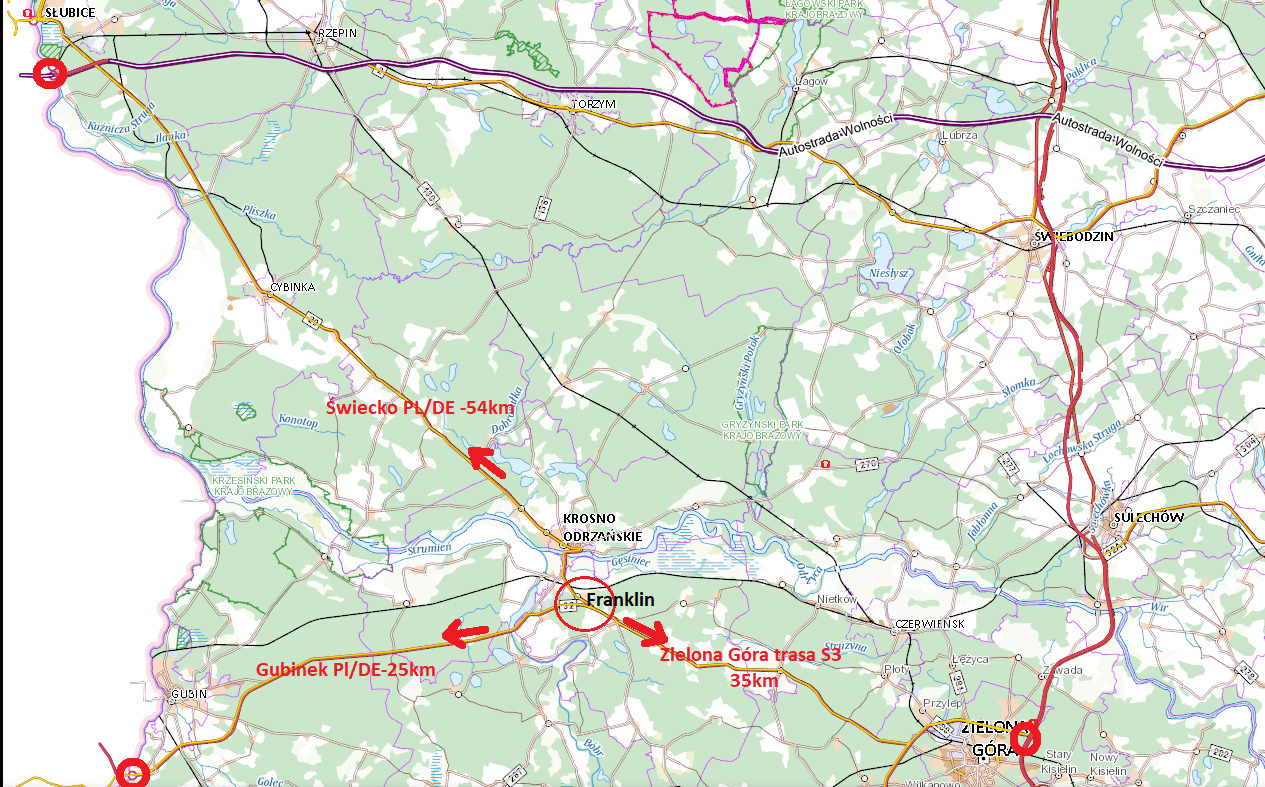 Mapa topograficzna z zaznaczonymi trasami i odległościami do przejść granicznych Świecko i Gubinek oraz do Zielonej Góry, z uwzględnieniem autostrad i miast.