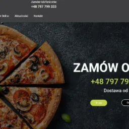 Strona internetowa pizzerii Ciao Ciao z opcją zamówień online, numerem telefonu i informacją o dostawie od 30 zł, na tle apetyczna pizza z pieczarkami i oliwkami.