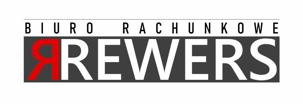 Logo firmy z czerwonym elementem graficznym w kształcie litery 'R' i napisem 'REWERS' na szarym tle, nad którym widnieje napis 'BIURO RACHUNKOWE'.