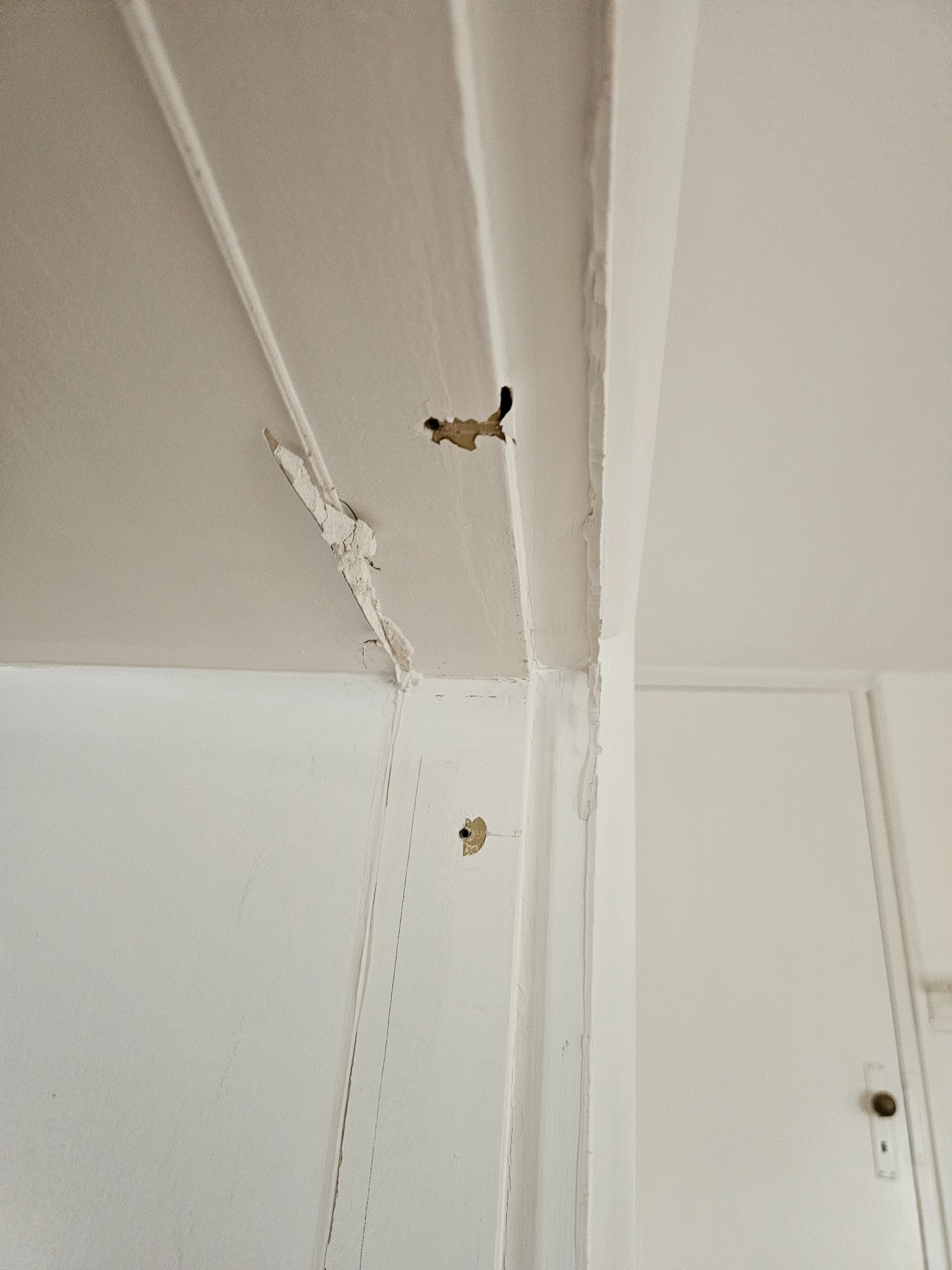 Uszkodzony biały sufit z odpadającą farbą i widocznymi dziurami, narożnik ściany z odchodzącą farbą, widoczna ościeżnica drzwi.