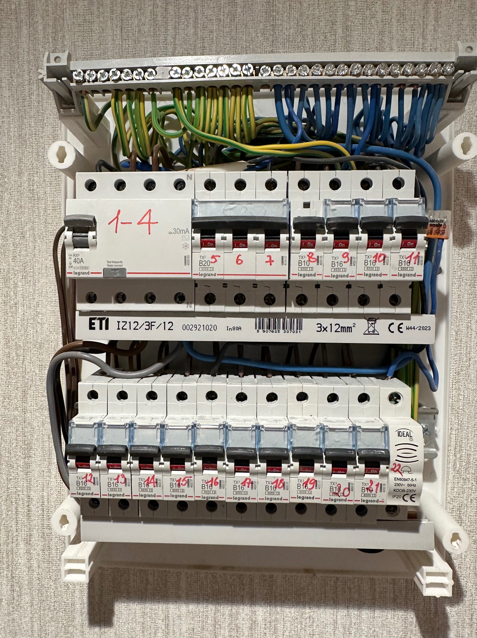 Oględziny rozdzielnicy elektrycznej w mieszkaniu podczas przeglądu.