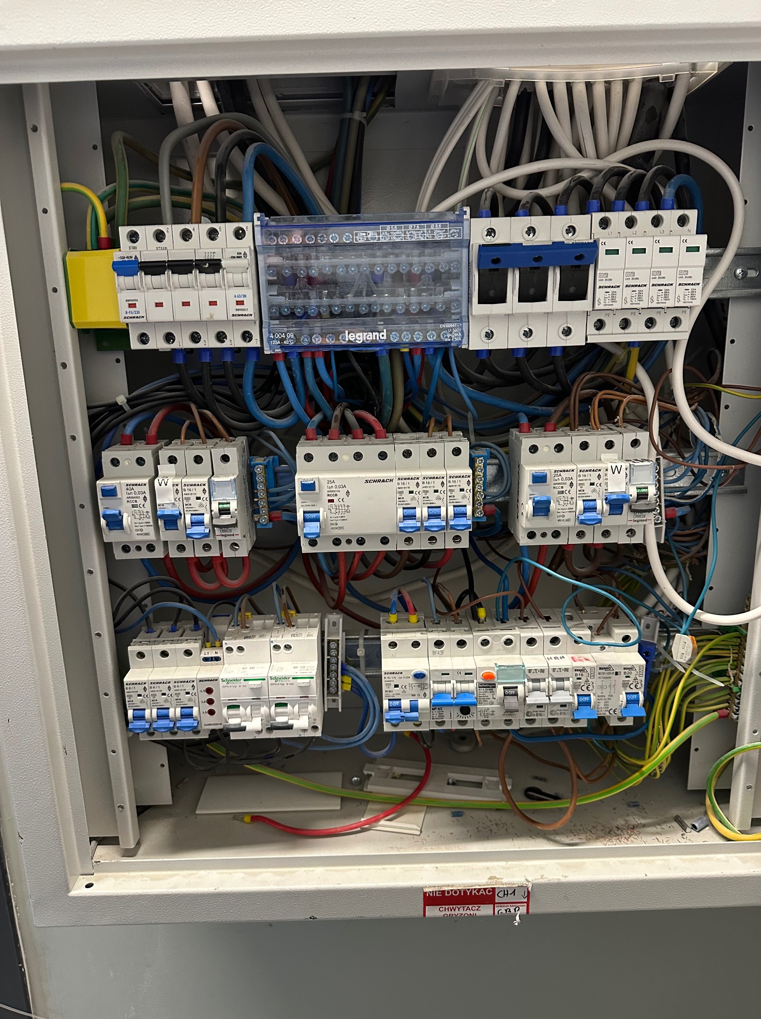 Oględziny rozdzielnicy elektrycznej w lokalu usługowym podczas przeglądu.