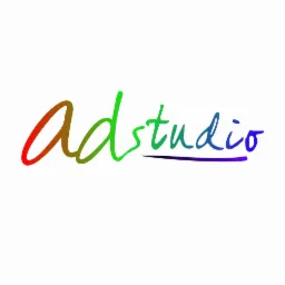 Logo 'Adstudio' w gradientowych kolorach, od czerwieni do fioletu, pisane odręcznym krojem, z podkreśleniem pod 'studio'.