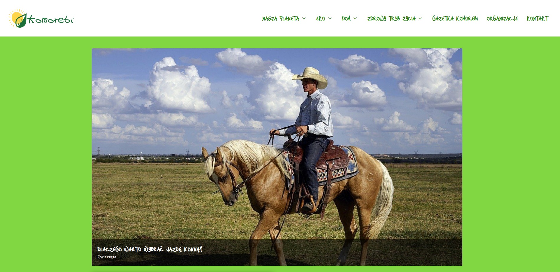 Strona internetowa z zielonym motywem prezentująca zdjęcie mężczyzny w kapeluszu kowbojskim jadącego na koniu na tle łąki i błękitnego nieba z obłokami.