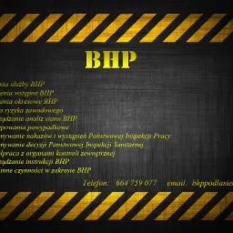 Grafika informacyjna z napisem BHP, listą zadań służby BHP, szkoleń, ocen ryzyka zawodowego, postępowań powypadkowych, wykonywania nakazów inspekcji pracy, współpracy z organami kontroli...