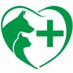 Zielony znak graficzny przedstawiający psa i kota wewnątrz konturu serca z symbolem plusa, sugerujący opiekę nad zwierzętami.