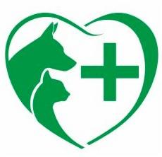 Zielony znak graficzny przedstawiający psa i kota wewnątrz konturu serca z symbolem plusa, sugerujący opiekę nad zwierzętami.