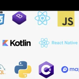 Ekran z logo różnych technologii webowych i programistycznych, takich jak HTML5, CSS3, Bootstrap, React, JavaScript, Node.js, Swift, Kotlin, React Native, MongoDB, MySQL, C#, Mapbox, prezentowanych...
