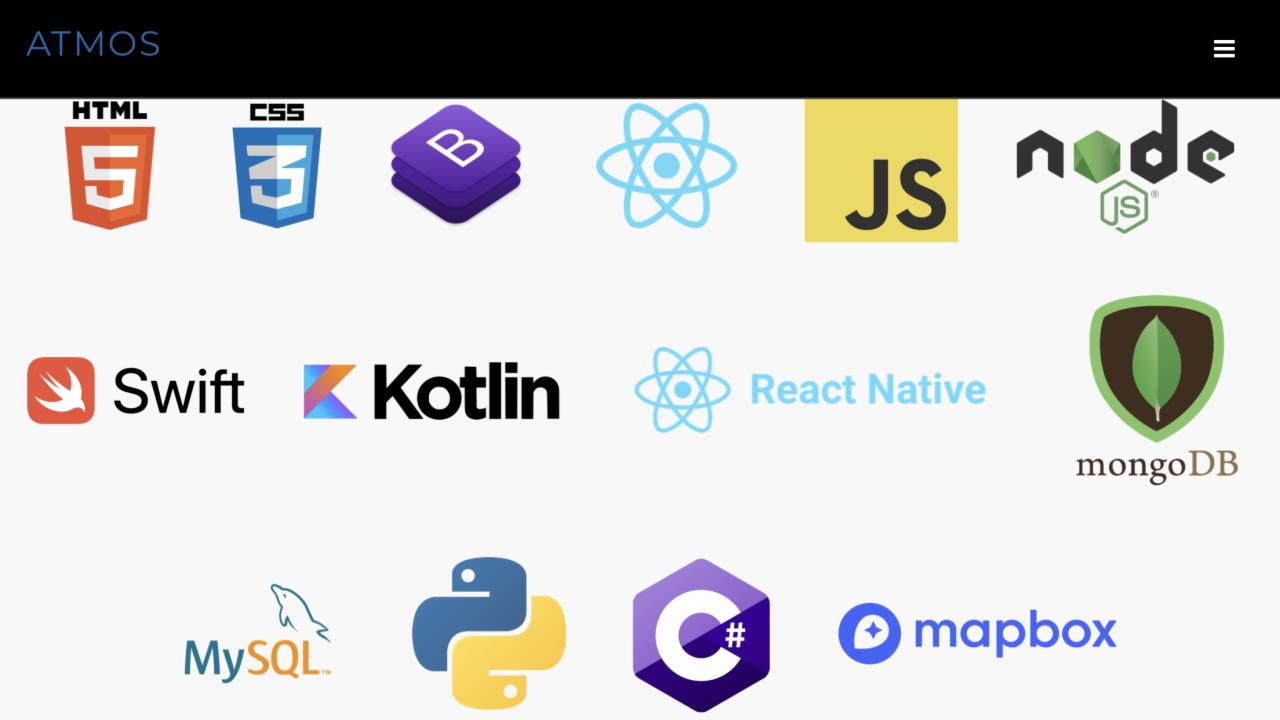 Ekran z logo różnych technologii webowych i programistycznych, takich jak HTML5, CSS3, Bootstrap, React, JavaScript, Node.js, Swift, Kotlin, React Native, MongoDB, MySQL, C#, Mapbox, prezentowanych...