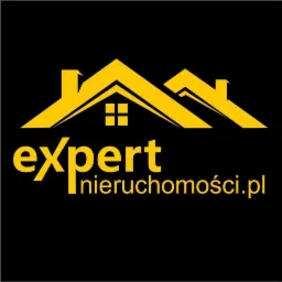 Żółto-czarne logo firmy 'expert nieruchomości.pl' z ikoną dachu domu.