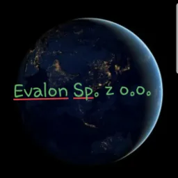 Grafika przedstawia Ziemię z kosmosu w ciemnej tonacji z nałożonym zielonym tekstem 'Evalon Sp. z o.o.', podkreślonym na czerwono.