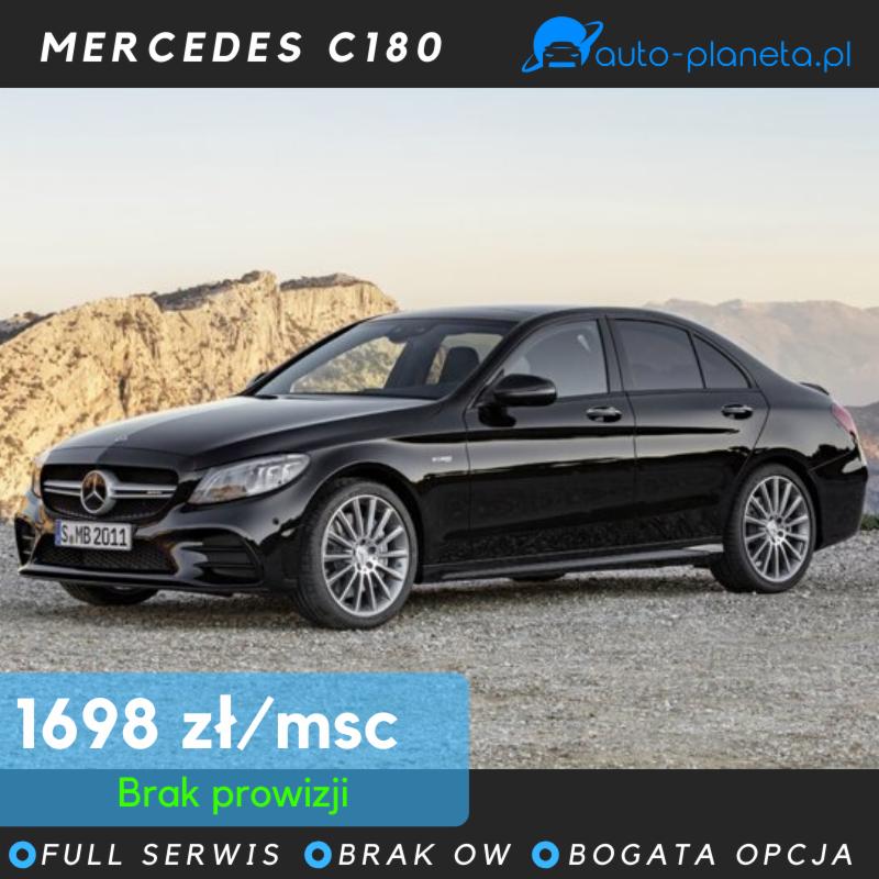 Czarny Mercedes C180 na tle krajobrazu, prezentacja oferty z ceną 1698 zł/miesiąc i informacją o braku prowizji, logo auto-planeta.pl w prawym górnym rogu.