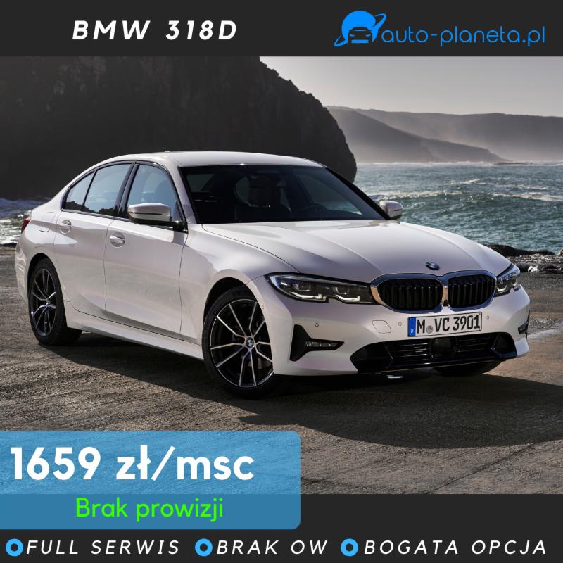 Biały samochód BMW 318D na tle gór i morza, widoczna oferta 1659 zł/miesiąc bez prowizji, z opcjami full serwis, brak OW i bogata opcja.