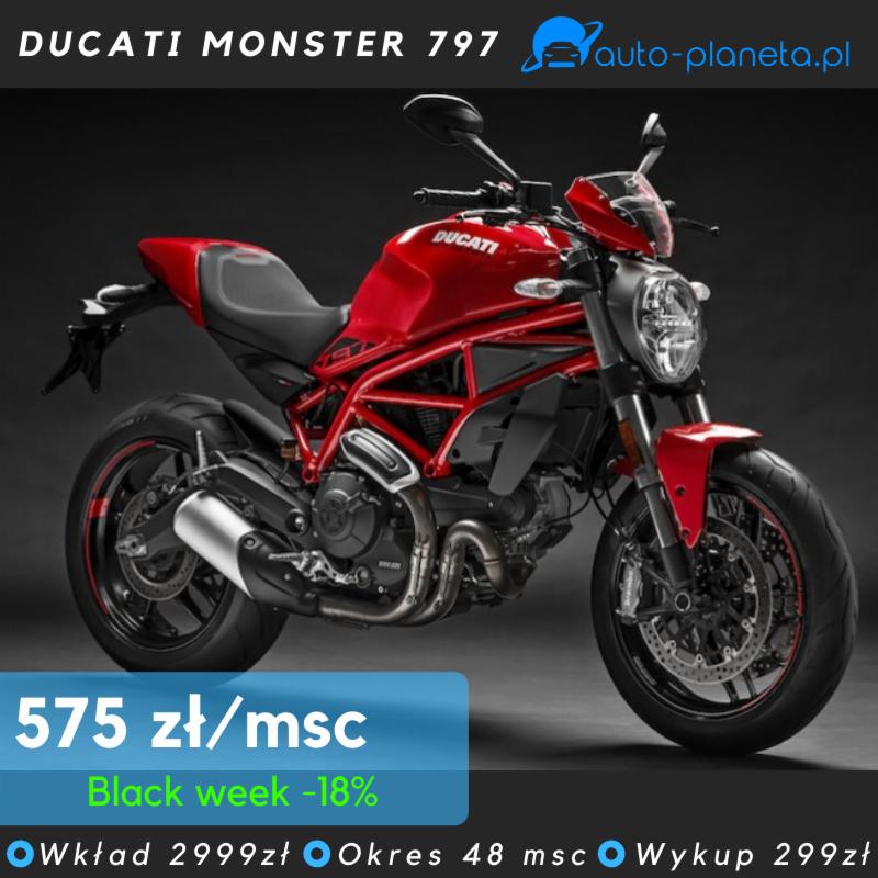 Czerwony motocykl Ducati Monster 797 z ofertą promocyjną 'Black Week -18%' i ceną 575 zł/miesiąc, widoczny z boku na tle ciemnego tła.
